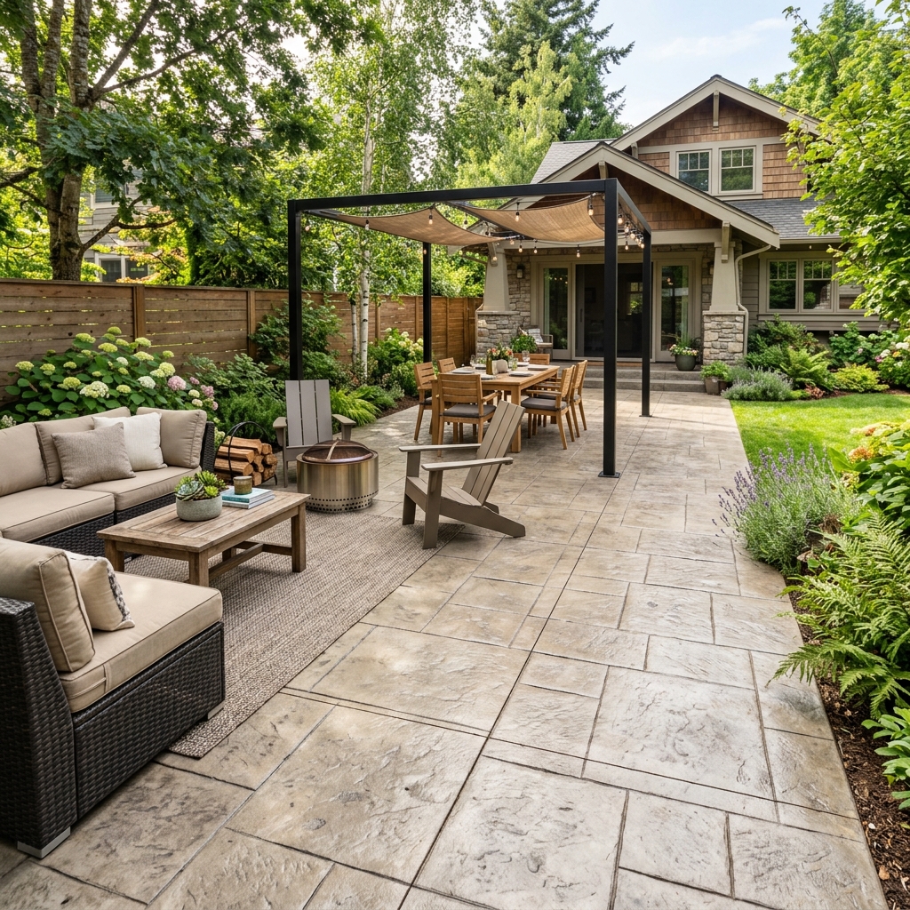 Beautiful backyard concrete patio finish in outdoor living space