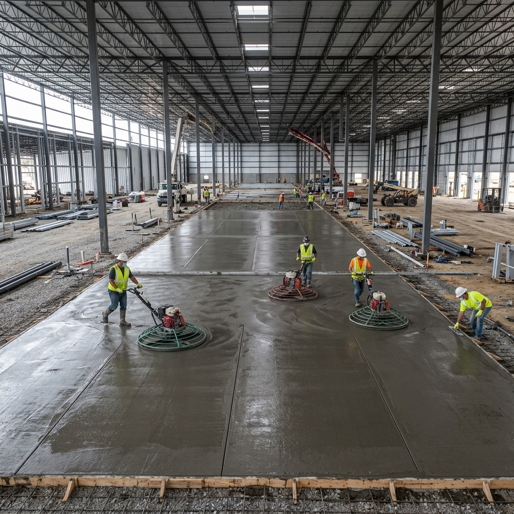 Large commercial concrete slab freshly poured for a shop