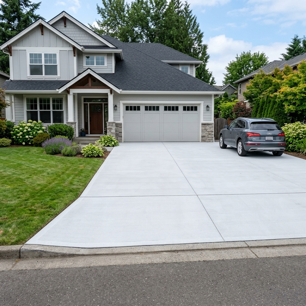 New clean concrete driveway replacement at a residential home