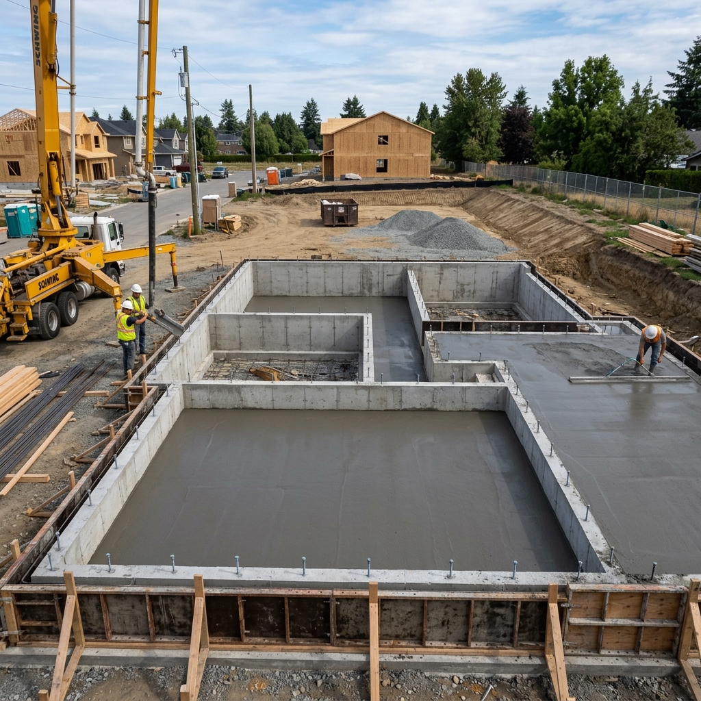 Concrete forms and rebar prepared for a home foundation