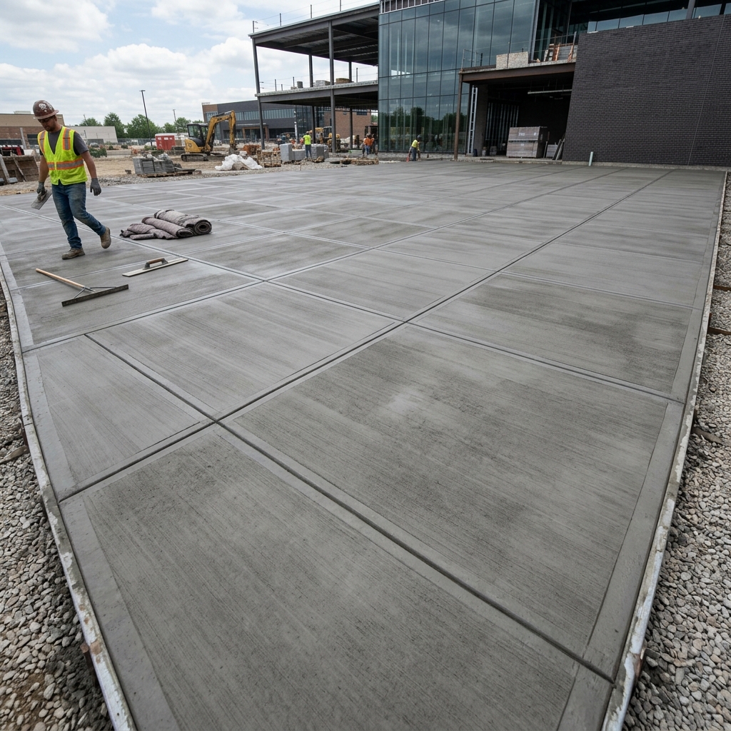Freshly poured commercial concrete slab with expansion joints