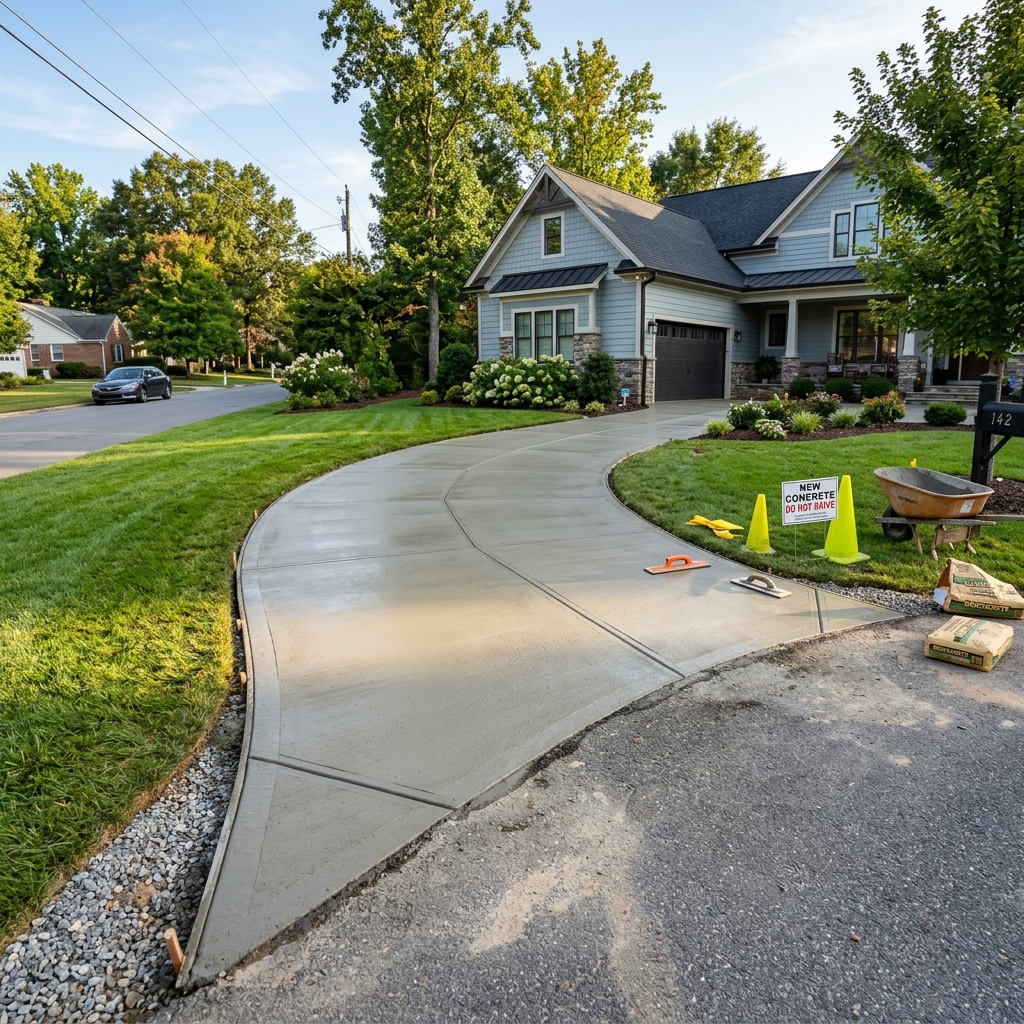 Concrete workers finishing a residential driveway