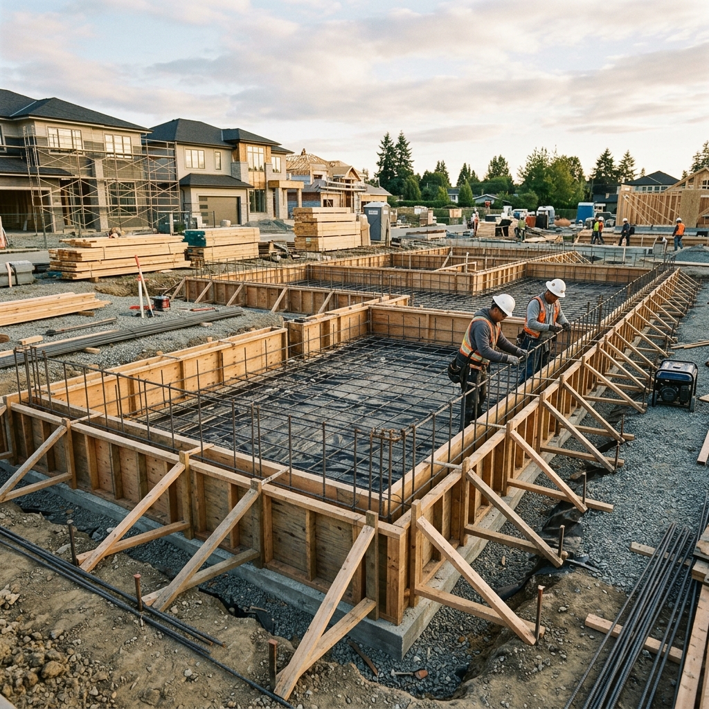 Concrete forms and rebar prepared for a home foundation