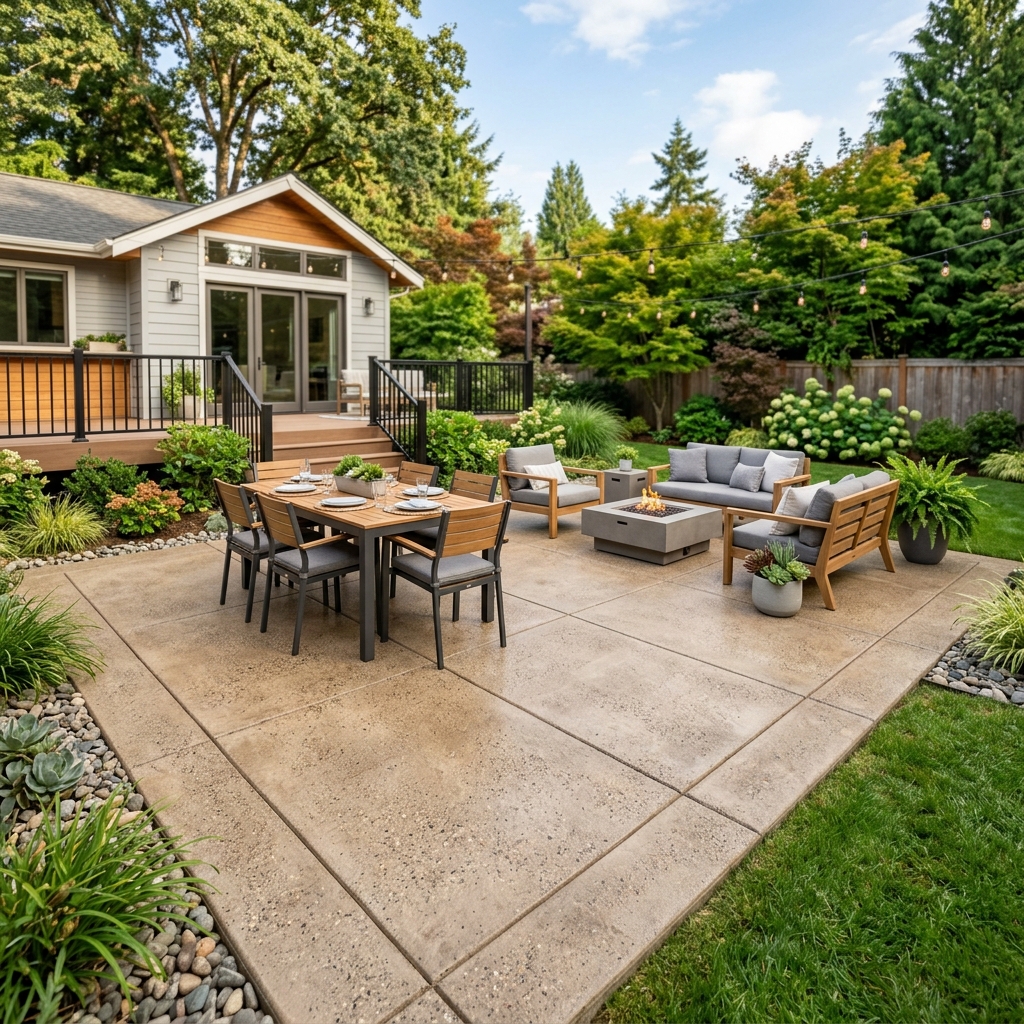 Beautiful new concrete patio in a backyard setting