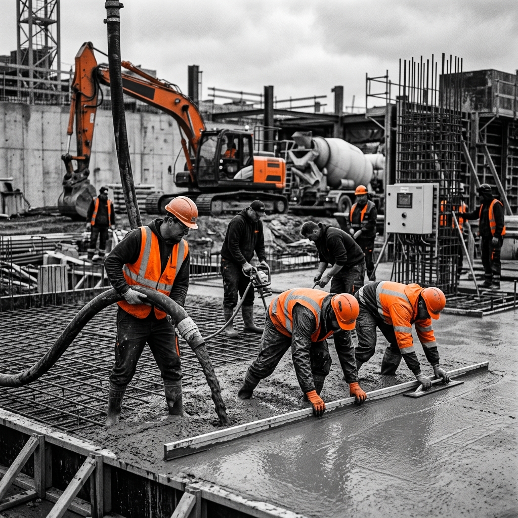 Professional concrete crew working together on a jobsite
